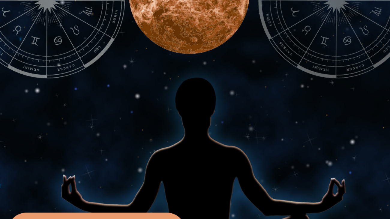 mandala astrológica mapa astral com silhueta sentada meditando com planeta mercúrio