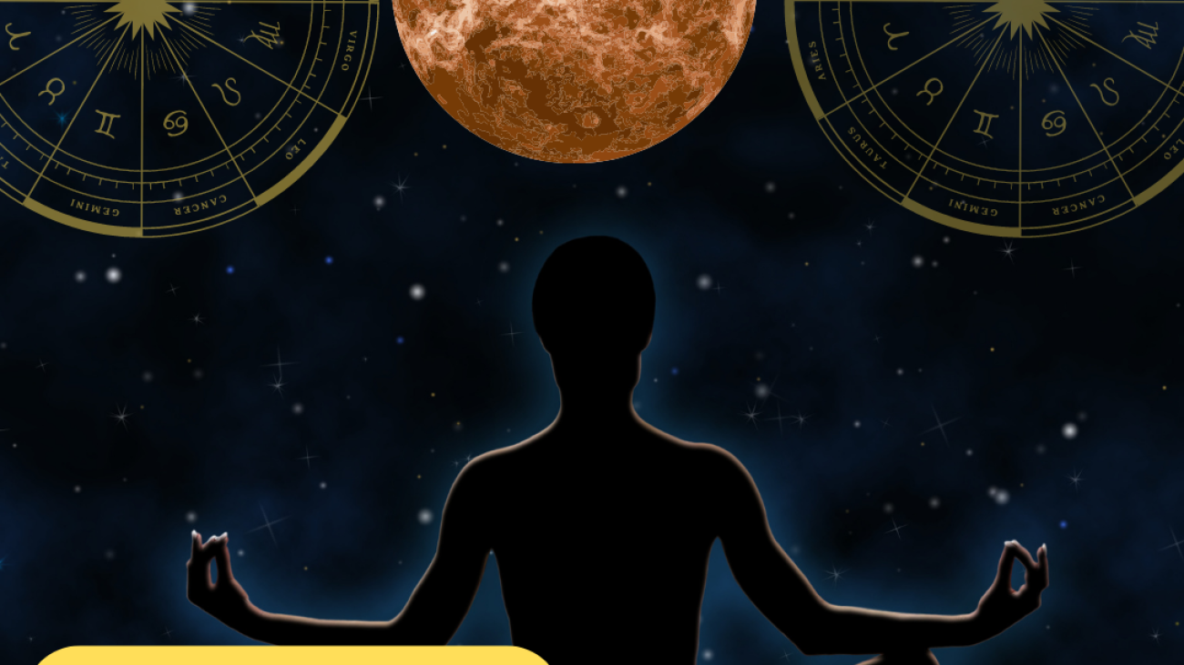 mandala astrológica mapa astral com silhueta sentada meditando com planeta vênus